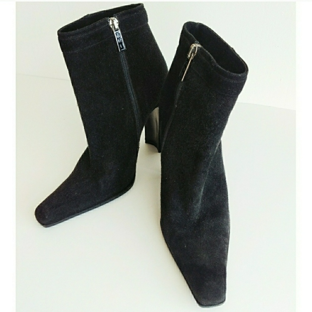 Gianmarco Lorenzi Black Suede Square Toe Buckle Ankle Booties Size 5.5